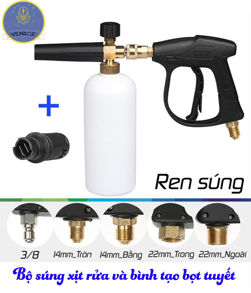 COMBO Súng cao áp và Bình tạo bọt tuyết 1L cao cấp cho máy rửa xe áp lực cao VENICE - Tặng kèm béc xịt mỏ vịt gắn súng