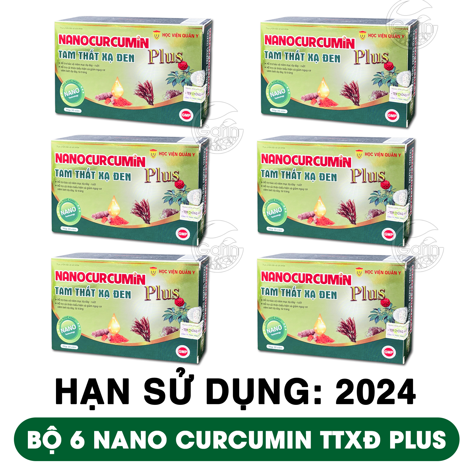 Bộ 6 hộp nano curcumin tam thất xạ đen plus Học Viện Quân Y 30 viên x6 giảm viêm loét đau dạ dày tá tràng, tăng cường sức đề kháng, làm đẹp da, giảm tác dụng phụ khi hóa tri xạ tri