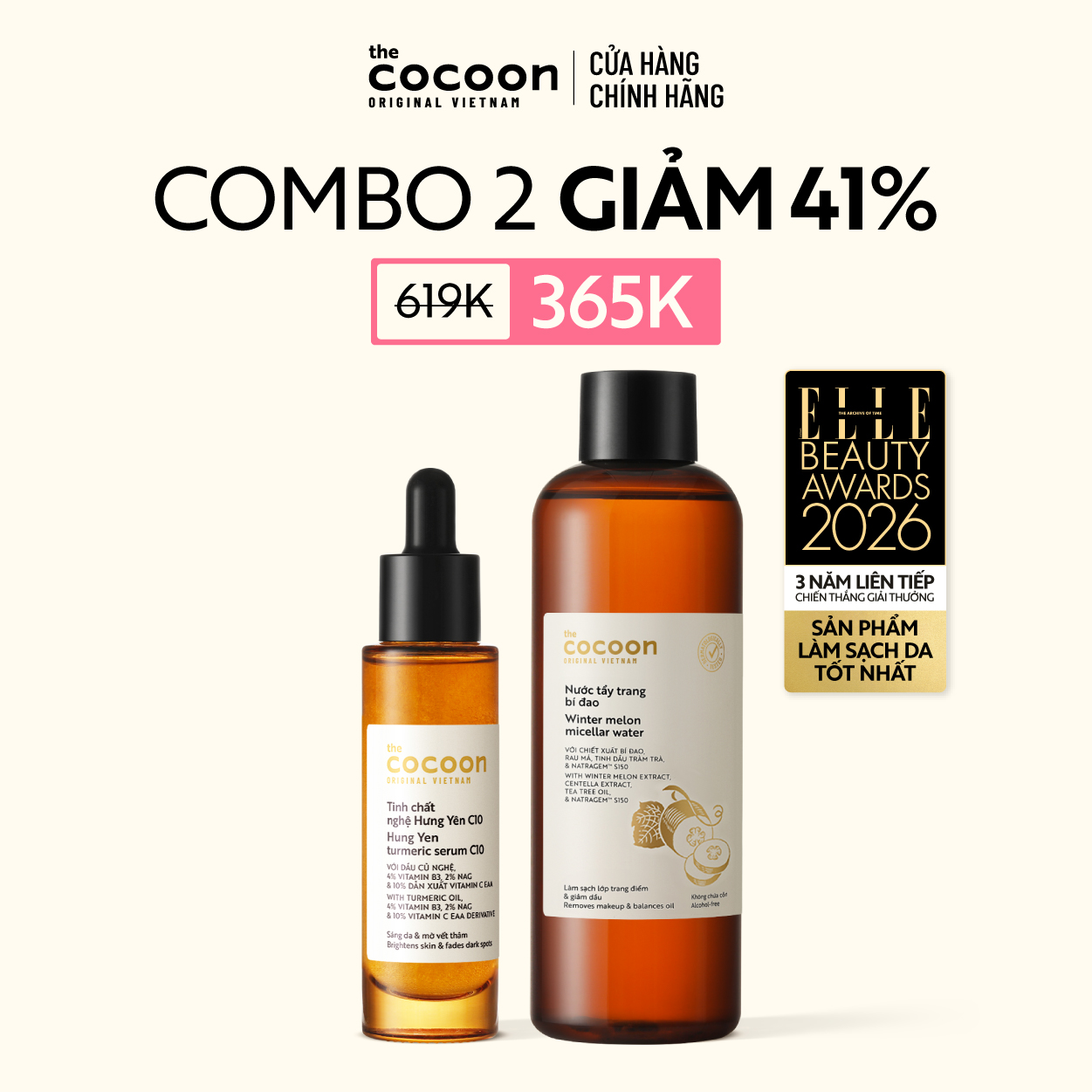COMBO 1 Tinh chất nghệ Hưng yên C10 - 10% Vitamin C 30ml + 1 Bigsize Nước Tẩy trang bí đao Cocoon 500ml