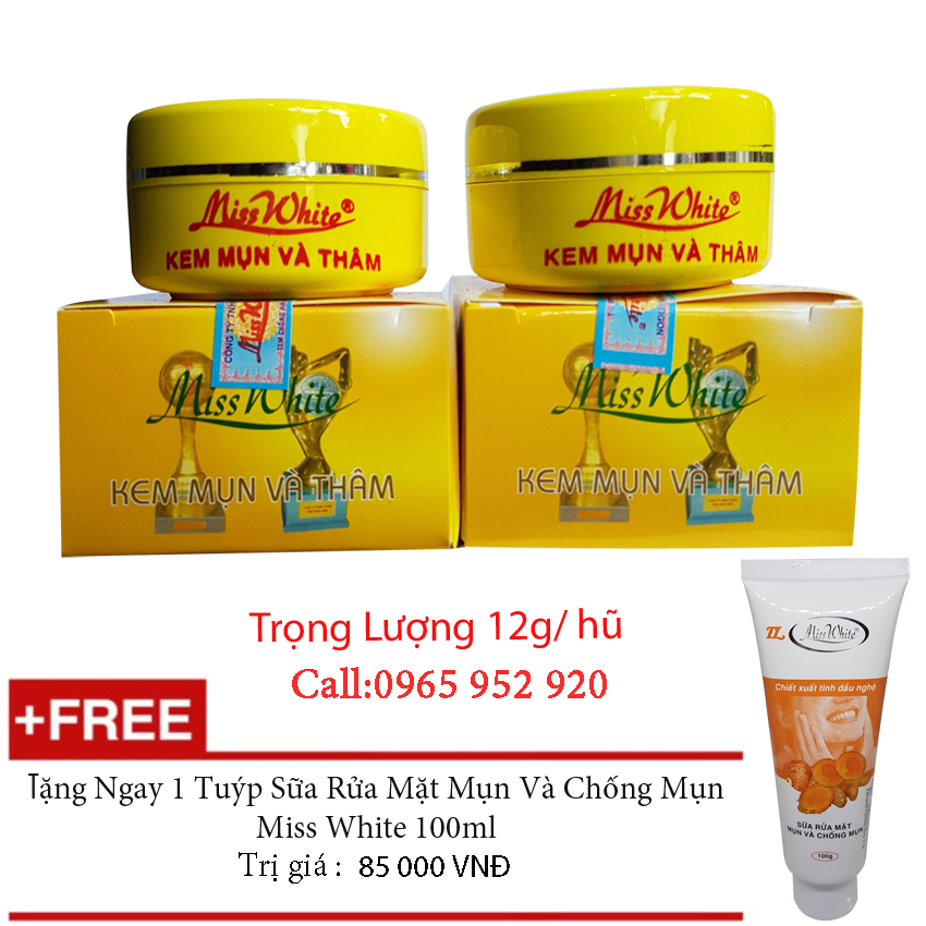 COMBO 2 KEM MỤN NGỪA THÂM MISS WHITE 12G + TẶNG SỮA RỬA MẶT MISS WHITE 100G