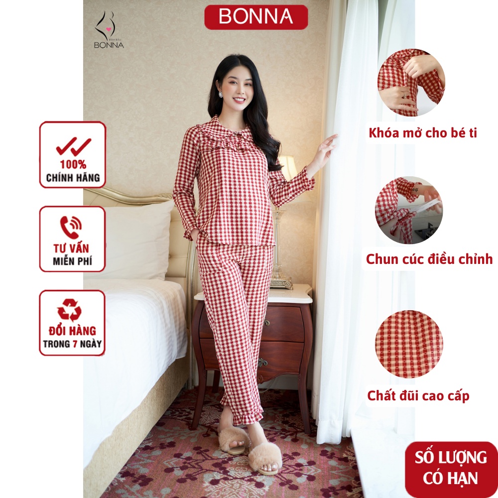 Bộ bầu mặc nhà và sau sinh BONNA có khóa mở cho bé tuti nhanh chóng, quần có chun cúc điều chỉnh, chất đũi mềm mại B016