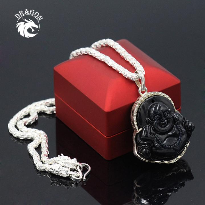 Dây Chuyền Bạc Thái 925 Nam Khóa Đầu Rồng - kèm Mặt Phật Di Lặc Đen To Bọc Bạc - Phong Thái Anh Hùng