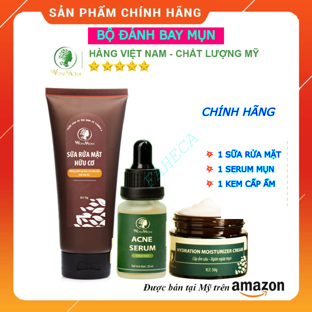 Bộ đánh bay mụn cứng đầu chuyên sâu WOINMOM, 1 sữa rửa mặt + 1 serum mụn + 1 kem cấp ẩm - Chính hãng