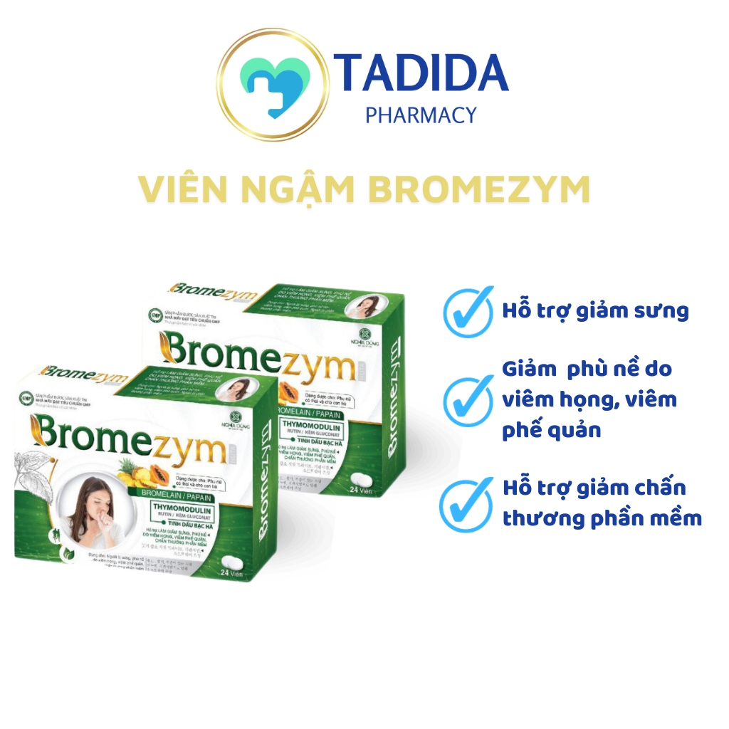 Viên Ngậm Bromezym ND ( Hộp 24v) Giảm Phù Nề, Sưng Tấy Do Tổn Thương Mô Mềm, Viêm Họng, Viêm Khớp – TADIDA PHARMA