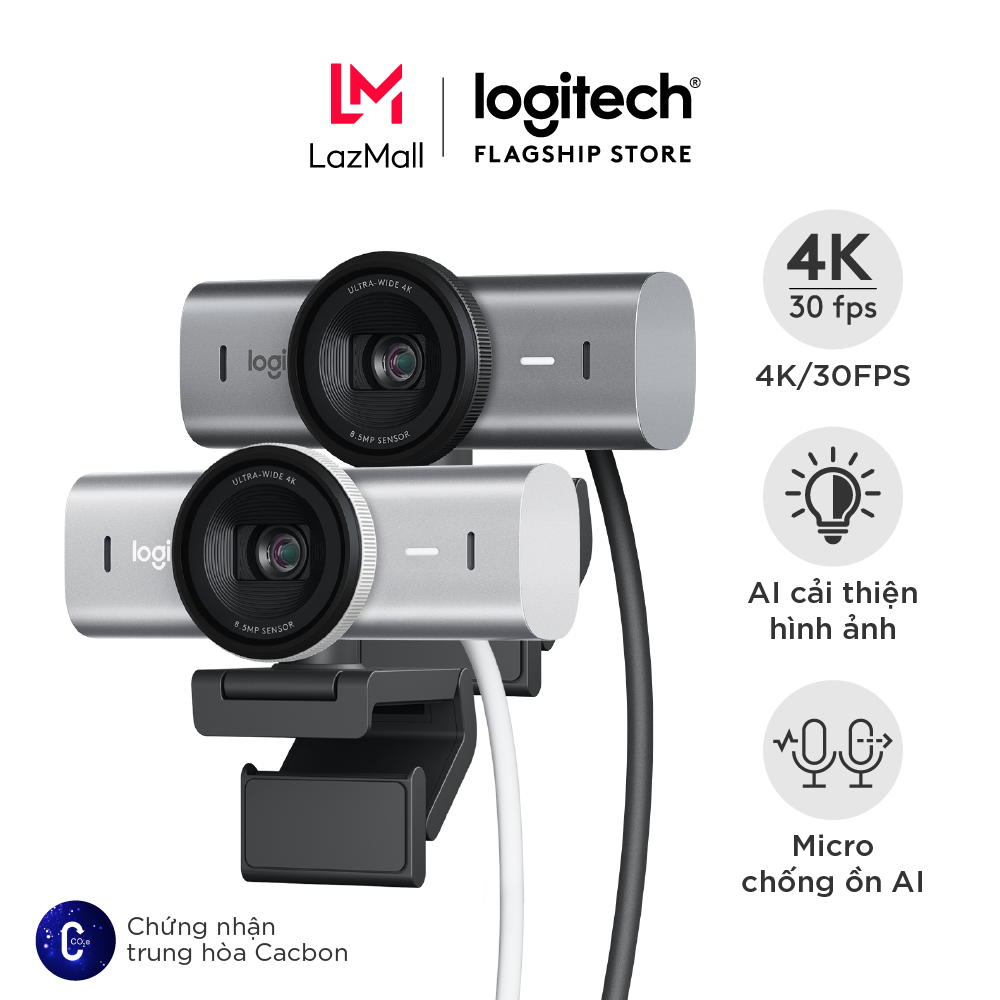 Webcam Logitech MX BRIO Ultra HD 4K - Hội họp & truyền trực tuyến, Mic kép giảm ồn, Show Mode, USB-C