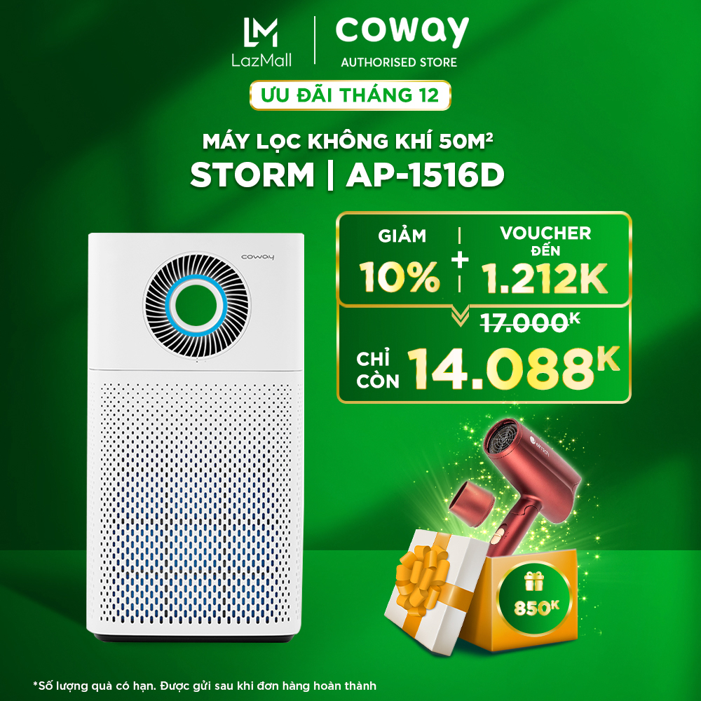 | Voucher đến 1212k | Freeship | Máy lọc không khí Coway Storm AP-1516D | Lọc bụi mịn không khí, khử mùi khói thuốc, khử khuẩn, tiết kiệm điện, không ồn | Diện Tích 33m2