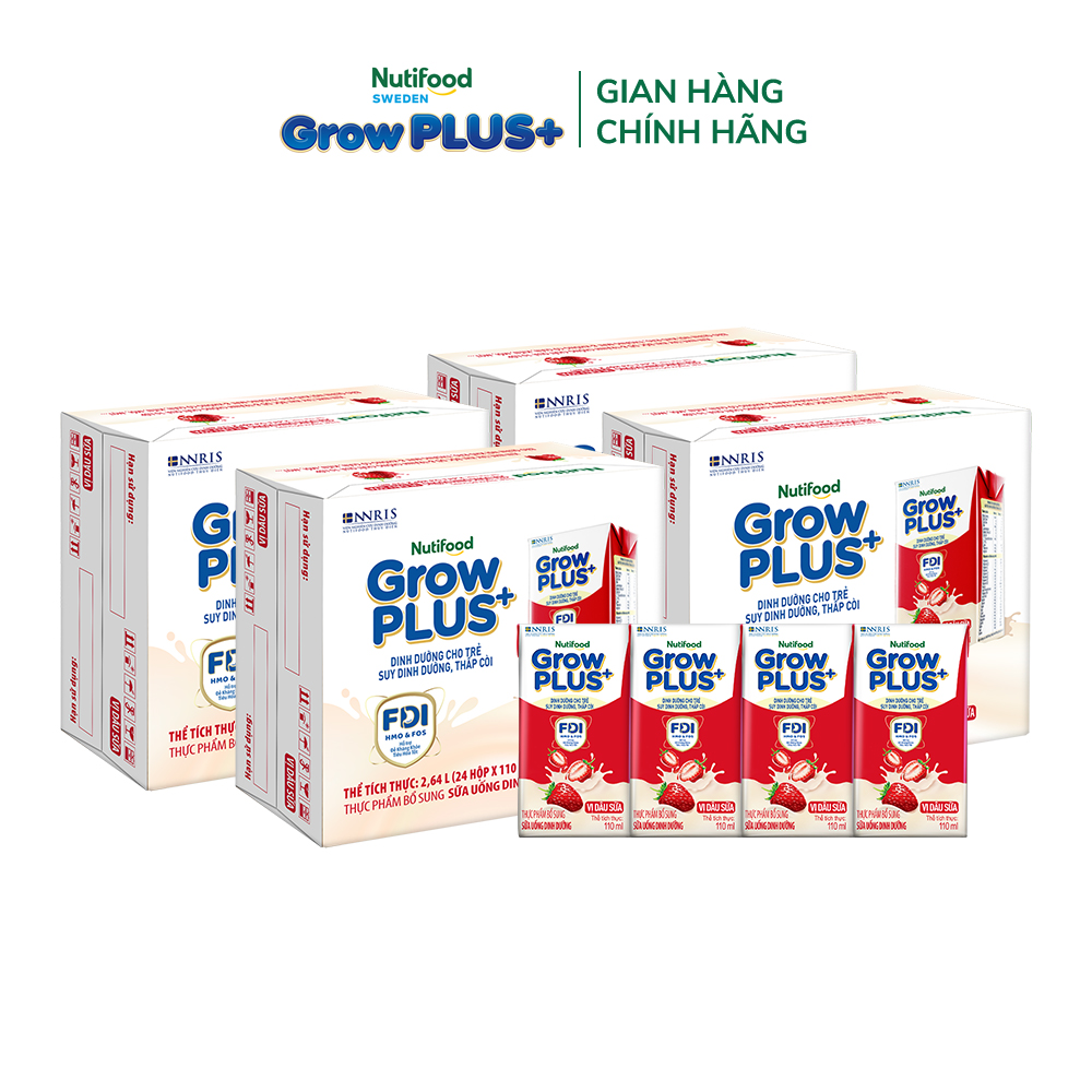 Combo 4 Thùng 24 hộp Sữa bột pha sẵn Nutifood GrowPLUS+ Vị Dâu Sữa hộp 110ml - Hỗ trợ phát triển cân nặng