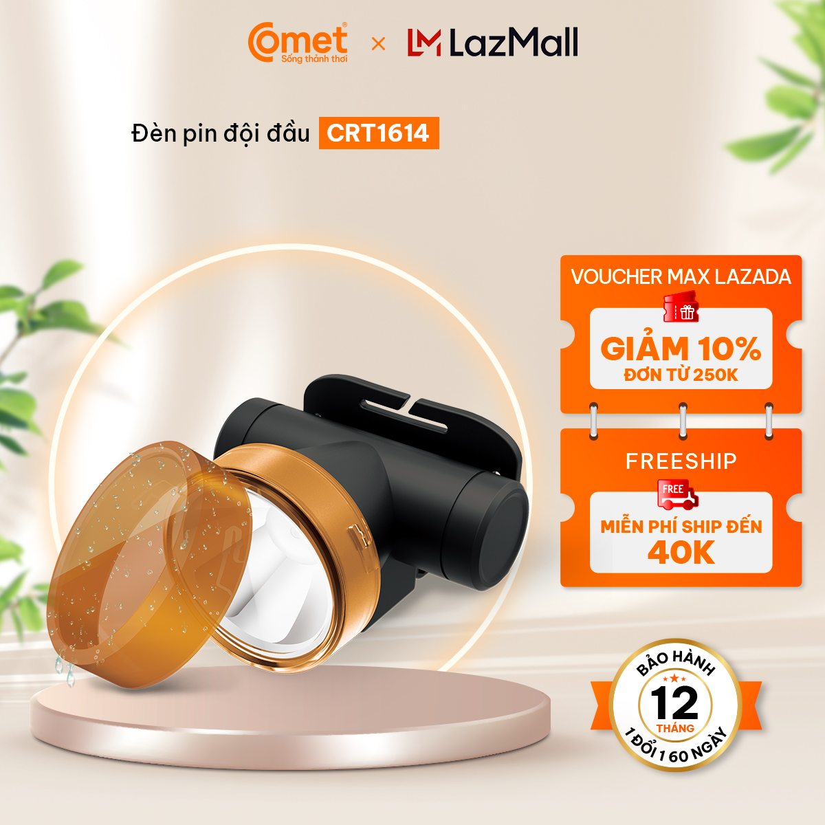 Đèn pin đội đầu Comet - CRT1614 Sử dụng pin Lithium 2 chế độ chiếu sáng: Cốt và pha có thể dùng dưới mưa 2 màu ánh sáng trắng,vàng - Hàng Chính Hãng