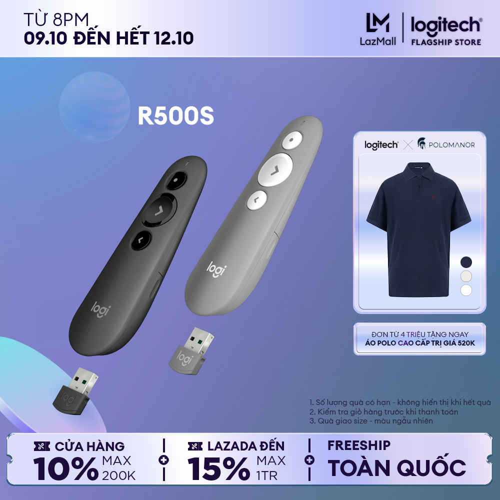 Bút trình chiếu Logitech R500s - Đèn laze đỏ, Các nút bấm lập trình được, Bluetooth & kết nối không dây 2.4Ghz, Phạm vi 20m, Laze loại 2, USB dongle