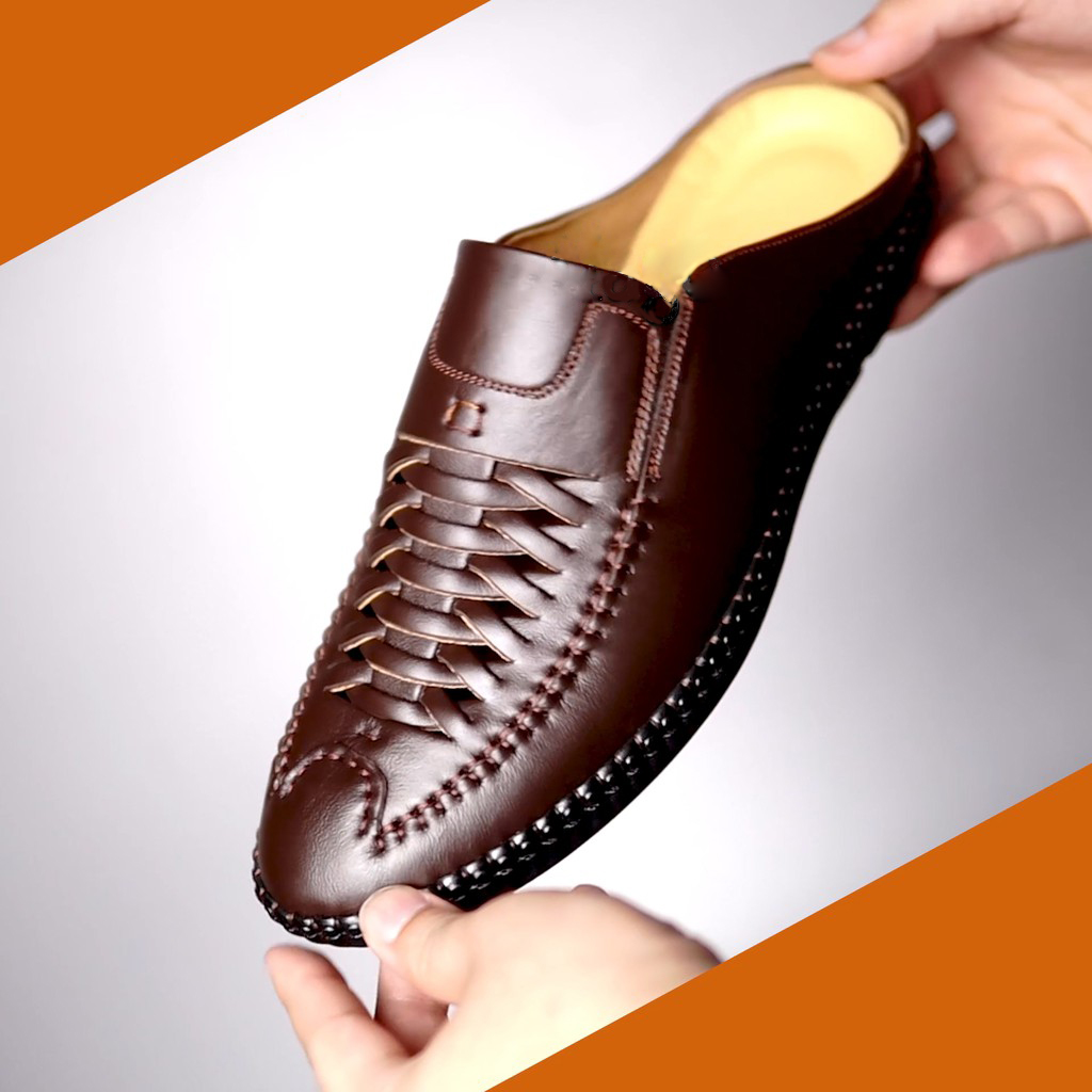 Giày Sục Nam Xương Cá ELMEE Giày Mọi Thiết Kế Mới Giày Nam Lỗ Thoáng Êm Chân Da Bò Thật Tuyệt Đẹp - GS05