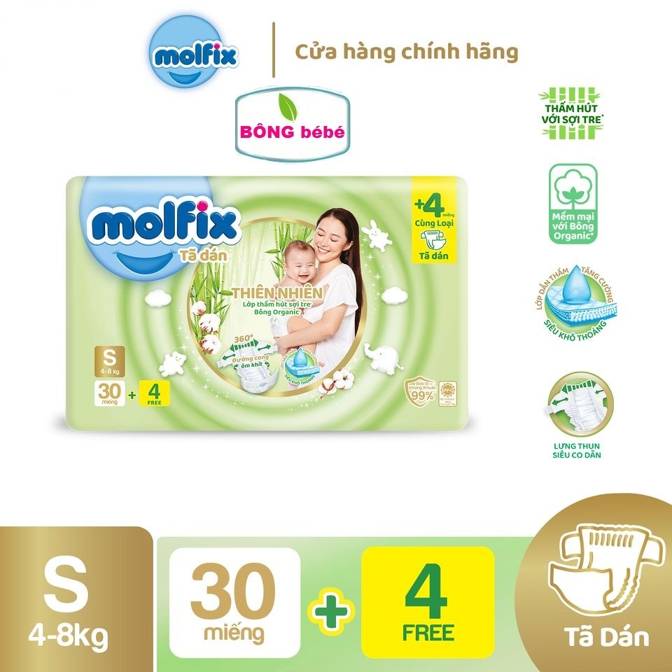 Bỉm dán thiên nhiên Molfix, thành phần sợi tre bông tự nhiên - Regular S - Gói 30+4 miếng