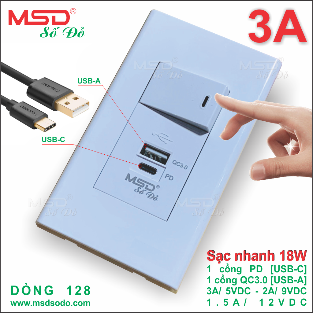 SẠC NHANH 18W ÂM TƯỜNG - PD/QC3.0 - 3A/5VDC + 1 CÔNG TẮC - 128MSD
