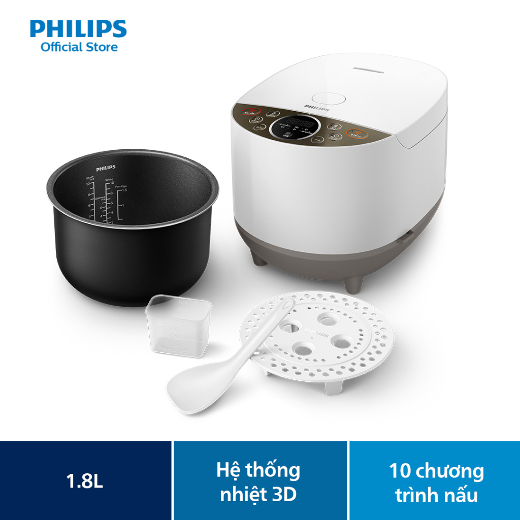 Nồi Cơm Điện Tử Philips HD4515/55 - Dung Tích 1.8L - Công Suất 790W-940W - Đốt Nóng 3D Thông Minh - Lớp Tráng Bakuhanseki Nhiều Khoáng Chất - 10 Chức Năng Nấu - Hàng Phân Phối Chính Hãng