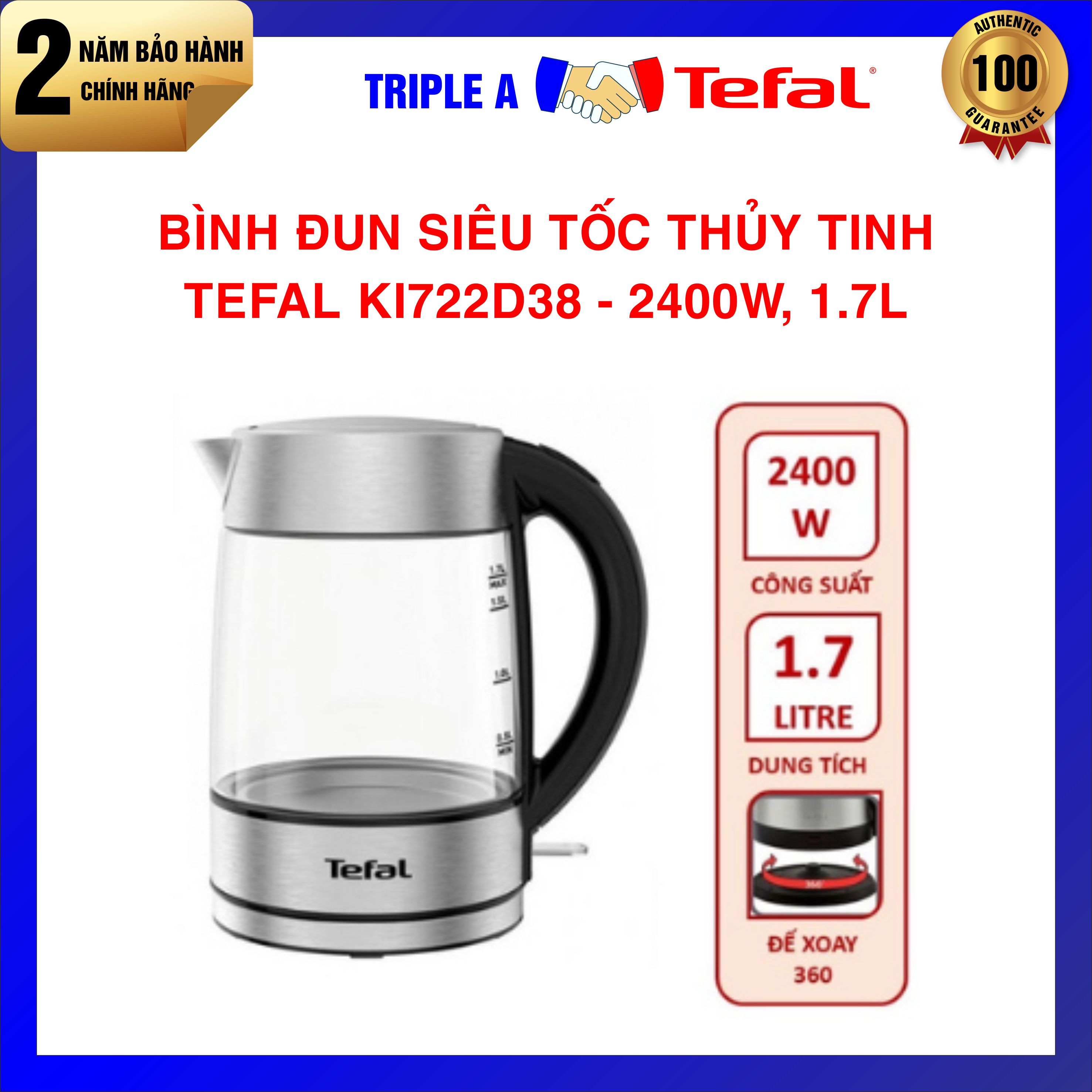 Bình đun siêu tốc tefal ki772d38 thủy tinh 2400w 1,7l