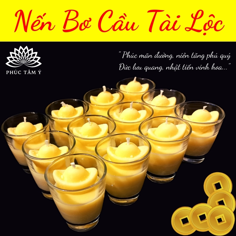 12 Ly Nến Bơ Cầu Tài Lộc dùng trong việc cầu tài hằng ngày, nến sạch không khói, không mùi, cháy hơn 3 giờ