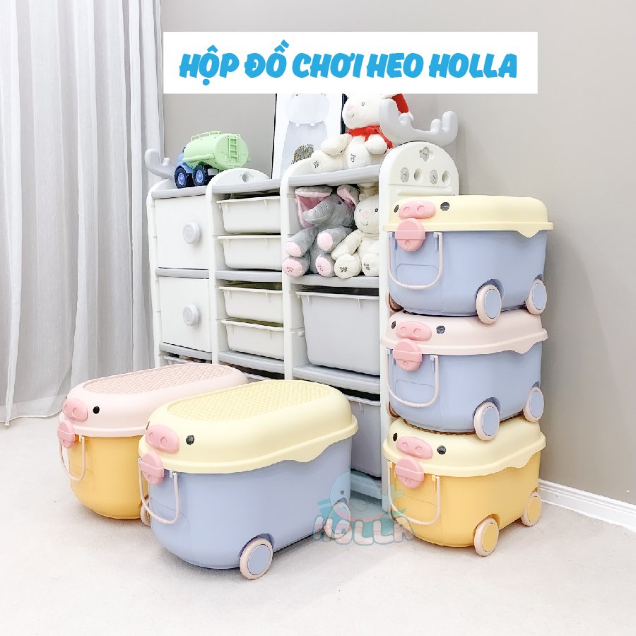 Thùng đựng đồ chơi Heo Holla 3in1 có bánh xe và tay kéo - Mặt xếp Lego cực tiện lợi | Hộp đụng đồ chơi cho bé