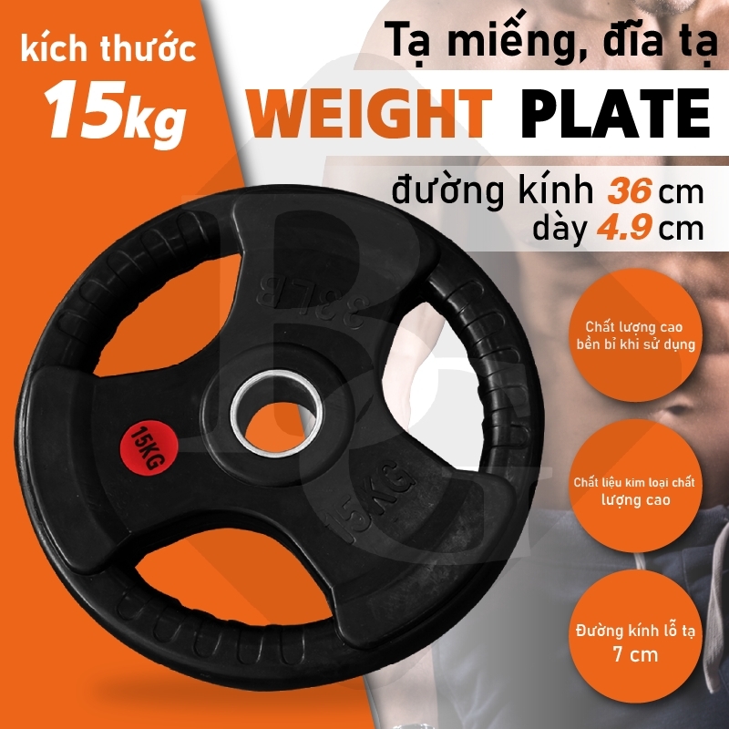 BG -Tạ miếng, tạ bánh 3 lỗ - Phi 50mm cao cấp lõi thép đặc bọc cao su cao cấp Plate 15kg