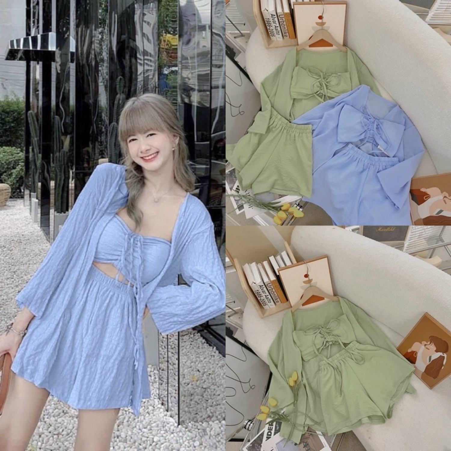 Set 3 món sơ mi, áo trong, quần short ngắn hai màu xanh cốm, xanh biển đi chơi, xinh xắn.