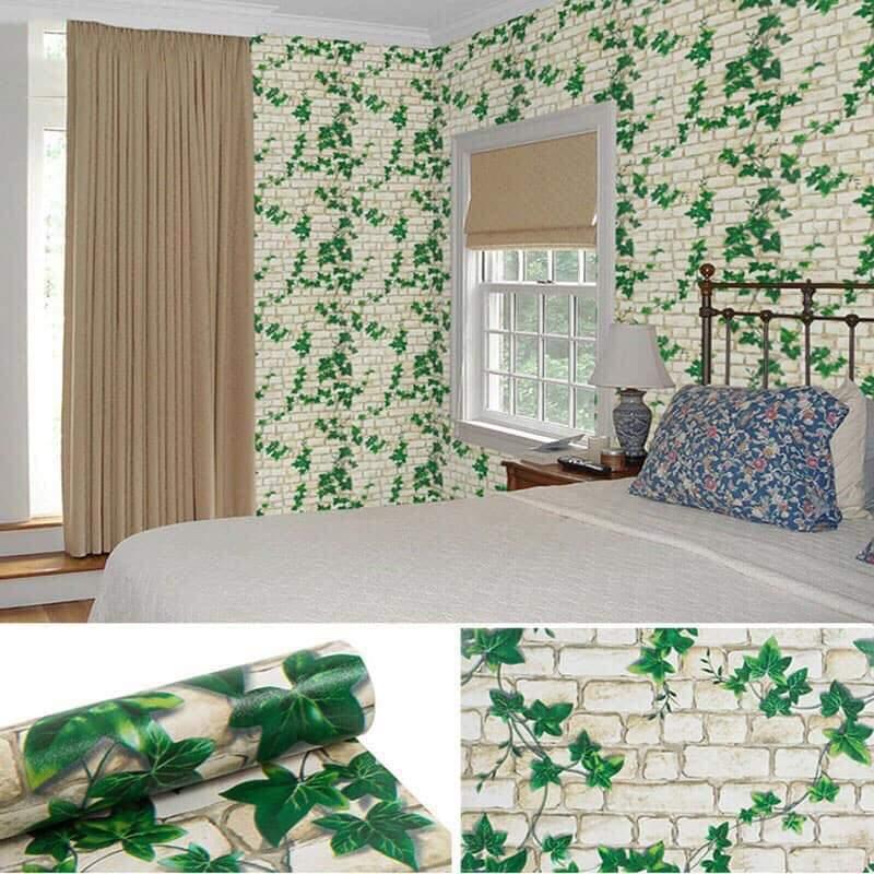 [HCM]Combo 10M decal giấy dán tường giả gạch trắng dây leo Xanh (10mx0.45m). GIẤY DÁN TƯỜNG CÓ SẴN KEO CUỘN 10M X 0.45M.