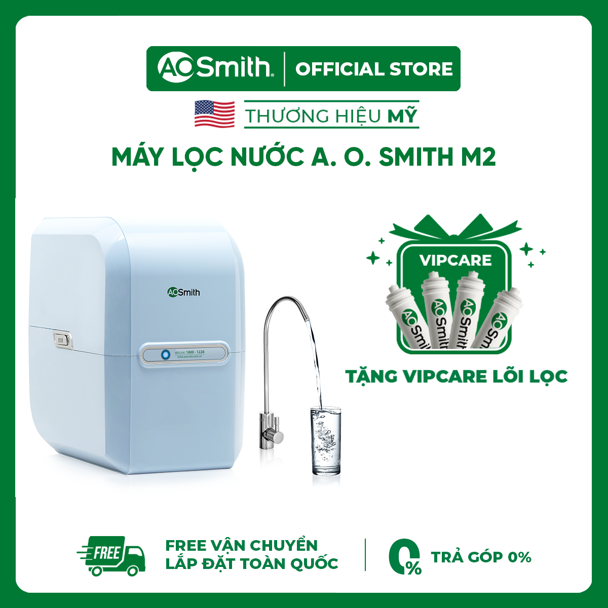 Máy Lọc Nước A. O. Smith M2 - Tặng Gói Thay Thế Lõi Lọc - Có Lõi Tiền Lọc - RO Side Stream Bản Quyền Mỹ - Tuổi Thọ RO 3 Năm - Bảo Hành 12 Tháng - Free Shipping