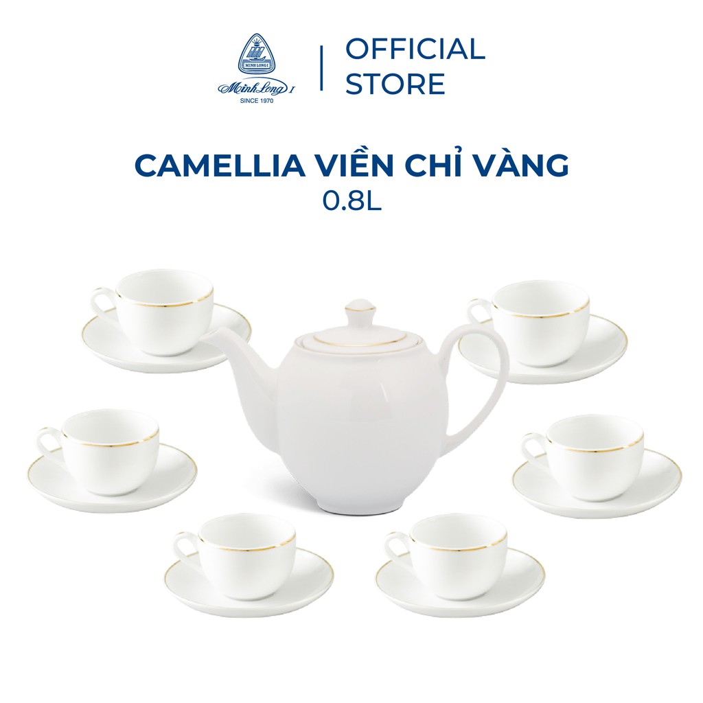 Bộ ấm, chén trà sứ minh long 0.8 l - camellia - chỉ vàng