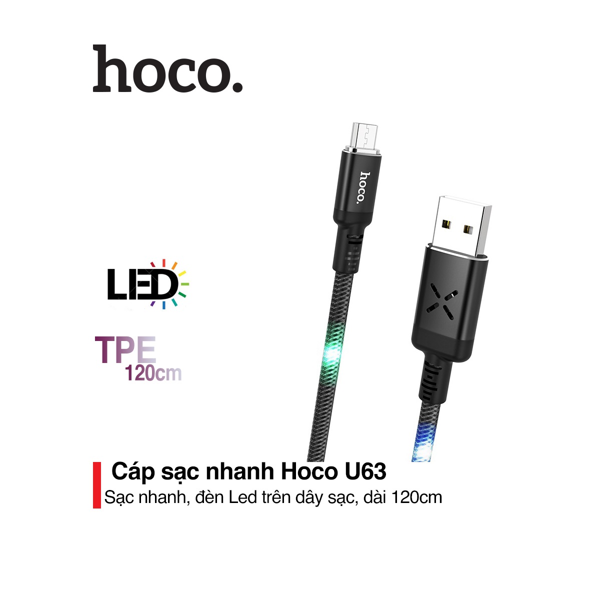 Cáp sạc điện thoại hoco u63 micro sạc nhanh 2.4a đèn led phát sáng dài 1.2m
