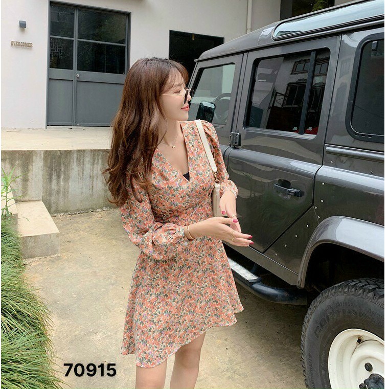 Đầm Công Sở Hoa Nhí Đắp Chéo Ngực Tay Phồng [V1]