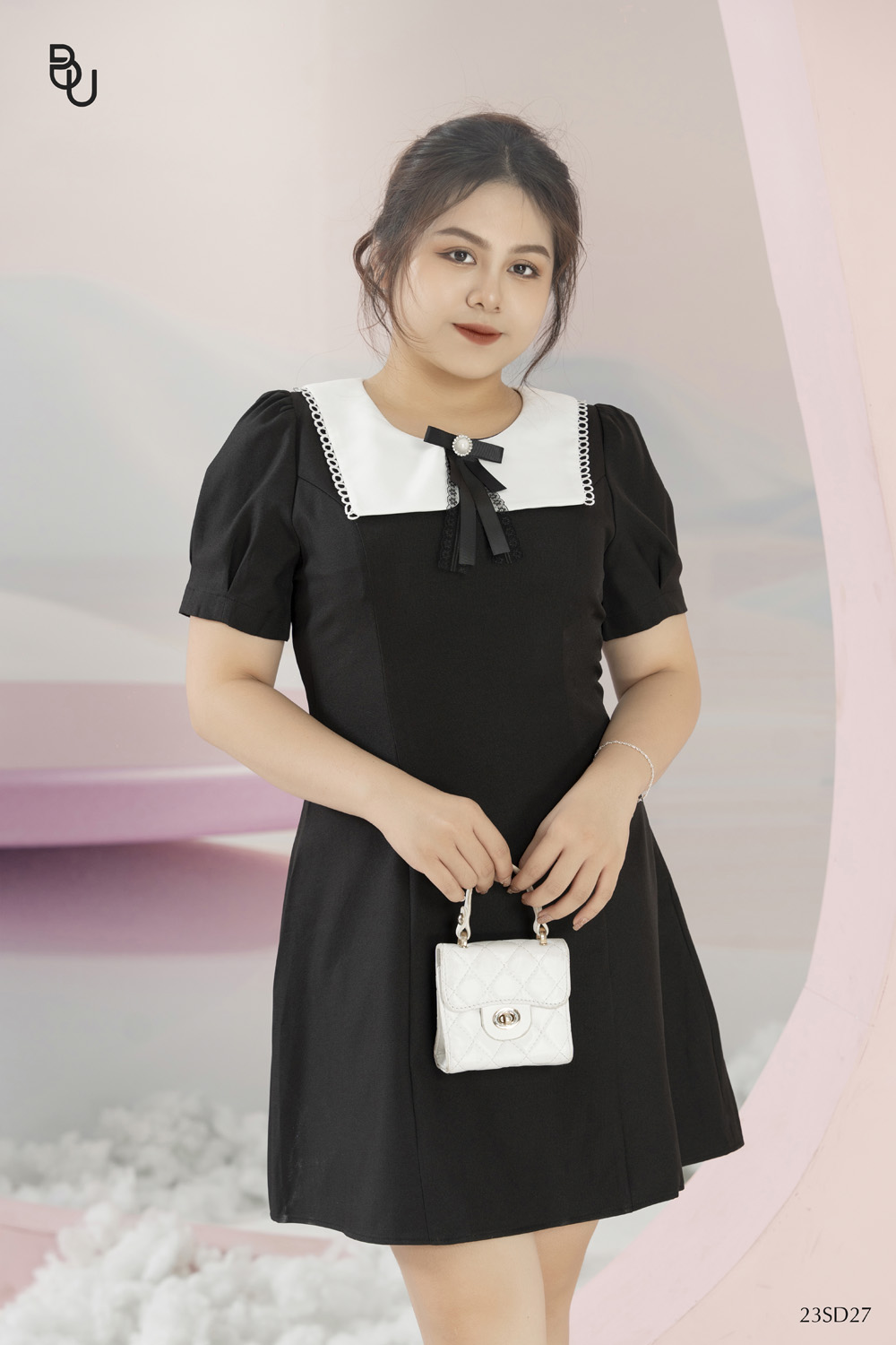 Đầm phối lá cổ vuông trắng ren nơ đá bigsize - 23sd27 -