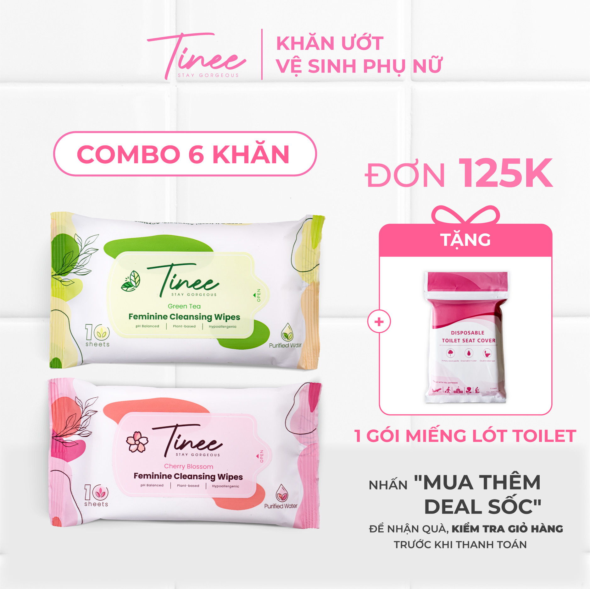 Combo 6 Gói khăn giấy ướt vệ sinh phụ nữ Tinee 10 tờ/ gói