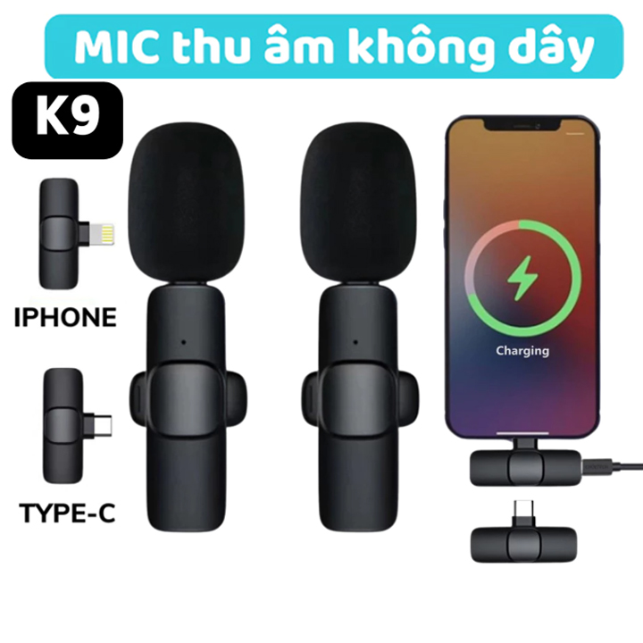 Mic thu âm, Micro thu âm không dây cài áo K9 khử tiếng ồn để livestream ghi âm phát trực tiếp quay video cho iOS và Android