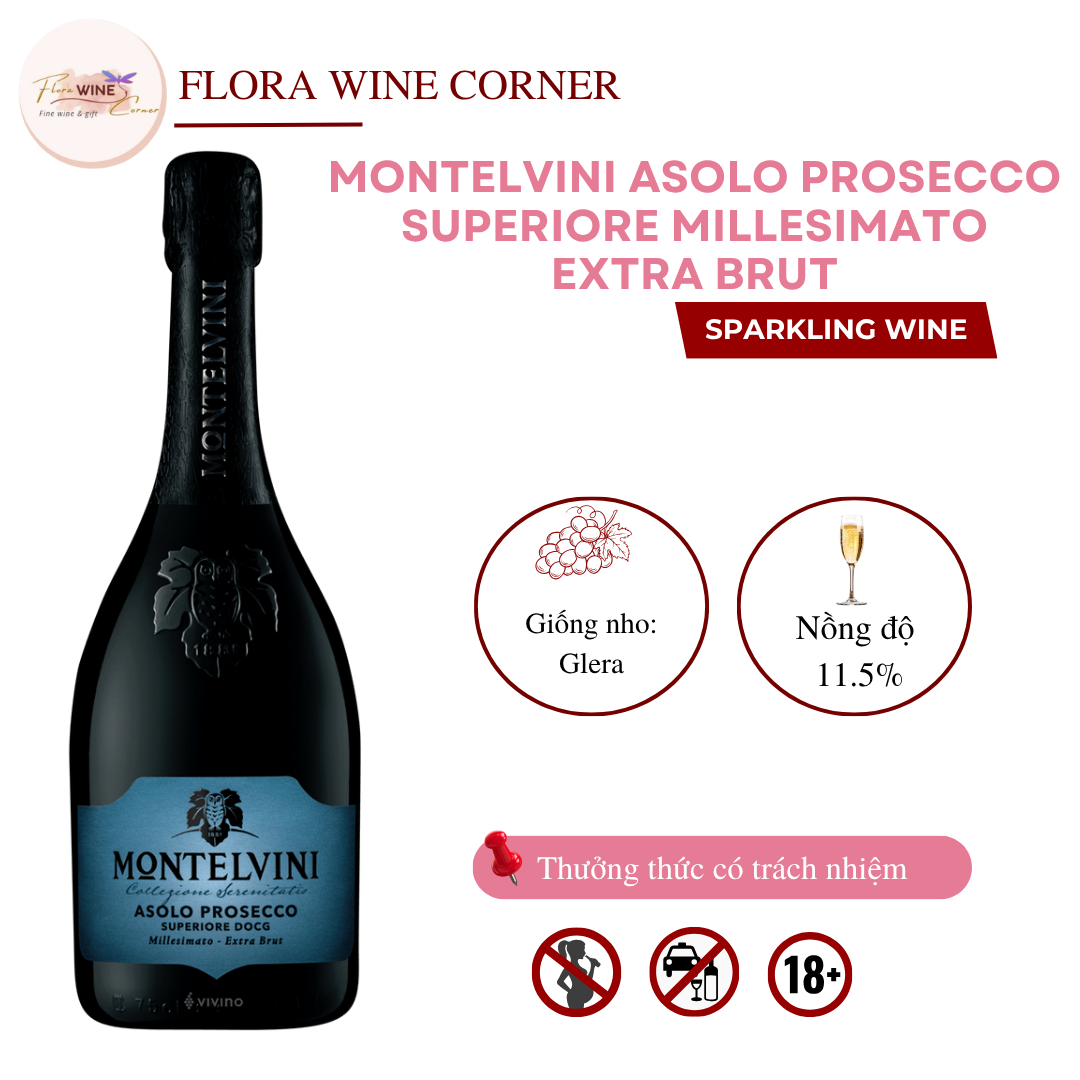 Rượu vang sủi Ý Montelvini ASOLO PROSECCO SUPERIORE DOCG Extra Brut Millesimato – Nồng độ 11.5% Alc, 750ml - Nhập khẩu Chính Hãng