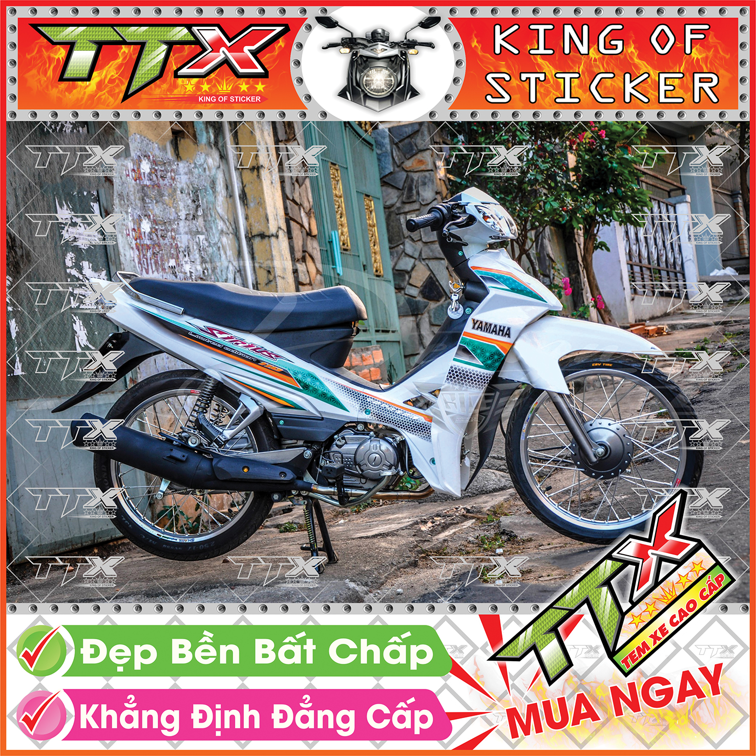 Tem Xe Sirius Trắng Xanh Xám Chấm Bi - Tem Sirius Xanh Trắng Xám Siêu Đẹp - Mẫu Team Sirius Trắng Xanh Xám