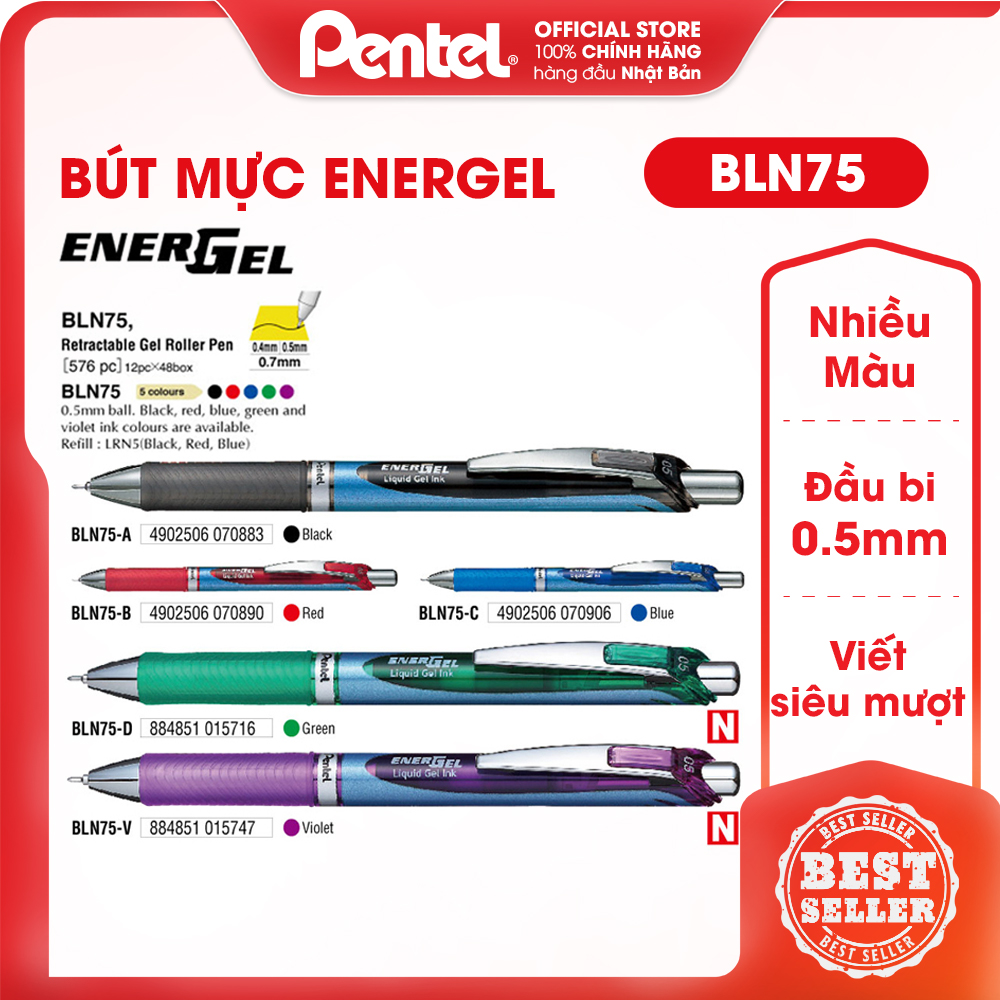 Bút Tốc Ký Mực Gel Energel Pentel Nhật Bản BLN75 Ngòi 0.5mm - Đầu Bi Bấm Với 3 Màu Mực Cơ Bản - Siêu Nhanh Khô - Không Tắc Mực - Có Ruột Thay Thế LRN5