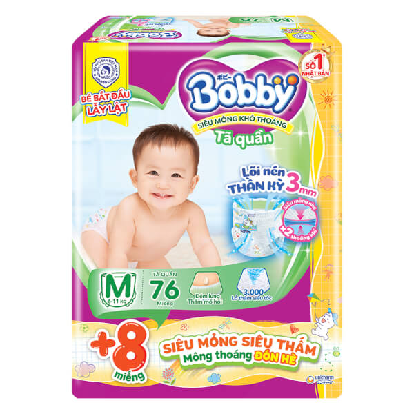 Tã quần bobby siêu đại m76 tặng 8/ l68/ xl62/ xxl56 tặng 8m mẫu mới