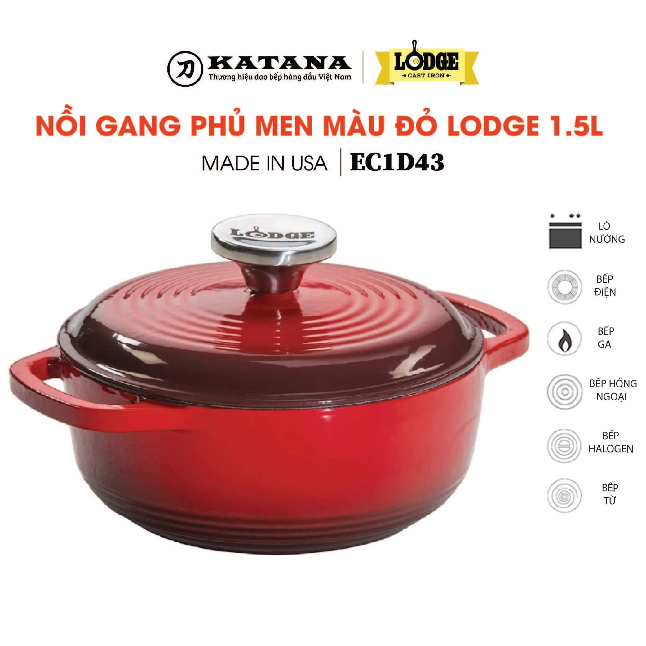Nồi gang phủ gốm màu đỏ Lodge cao cấp 1.5L nhập khẩu từ Mỹ - Bảo hành chính hãng EC1D43