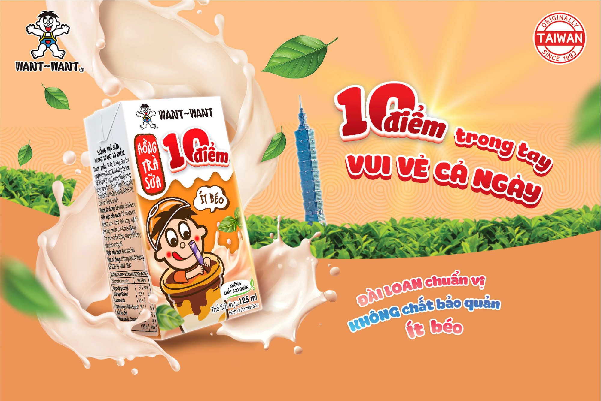 Hồng Trà Sữa 10 điểm ít béo Want Want 125ml x 36 hộp