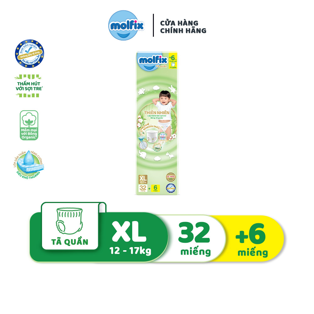 Tã/bỉm quần molfix thiên nhiên jumbo xl - gói 32+6 miếng