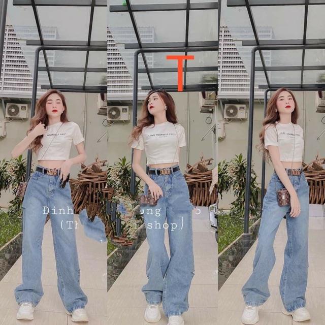 ◐ Sét áo crt Love your quần bò ống rộng đè gấu TTK978