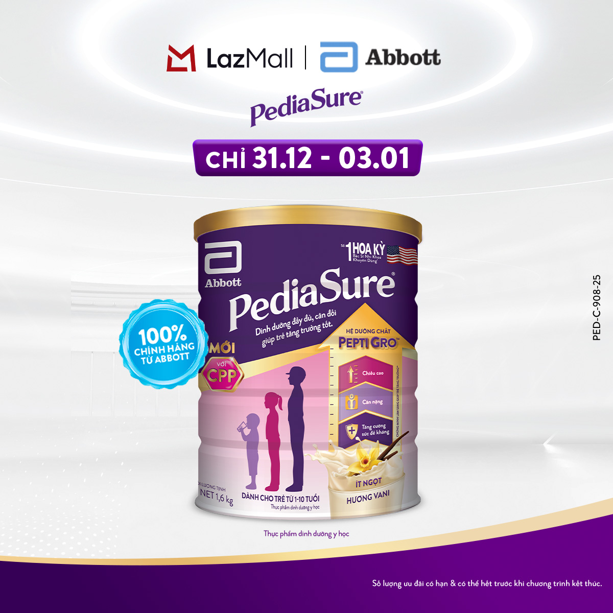   CHỈ 31.12 - 03.01 GIÁ TỐT MUA NGAY-SLCH  Lon sữa bột Pediasure B A hương vani 1.6kg 