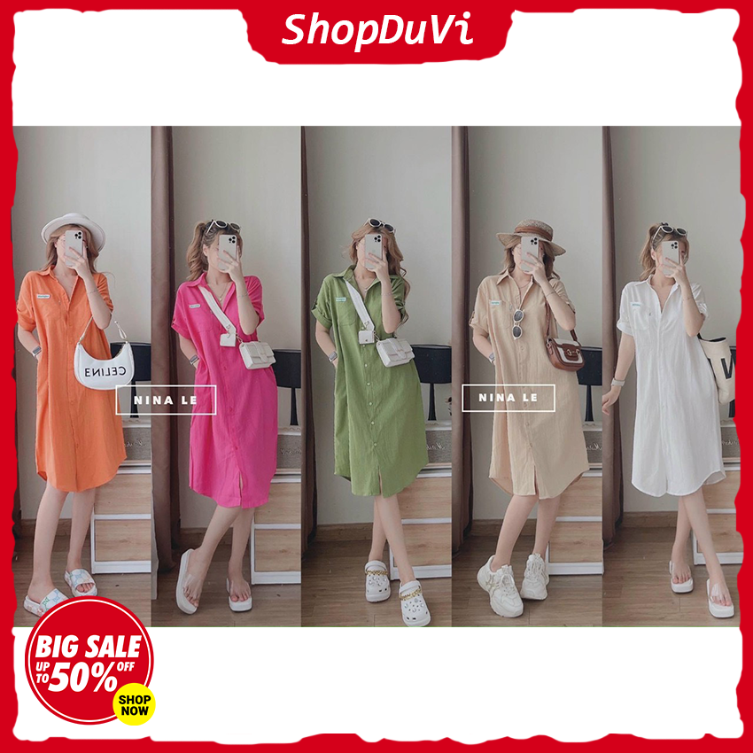 Đầm polo nữ , đầm suông nữ cổ sơ mi chất đũi in hình mickey sau lưng nhiều màu mặc rất dễ thương