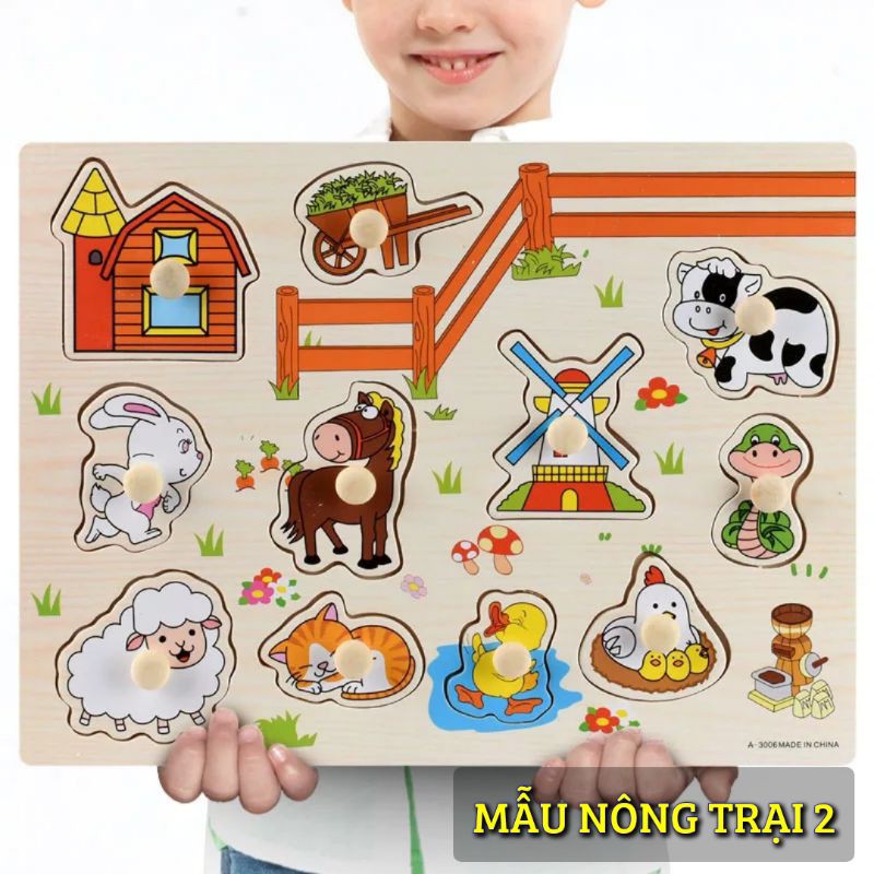 Đồ chơi bảng ghép núm gỗ chủ đề con vật nông trại