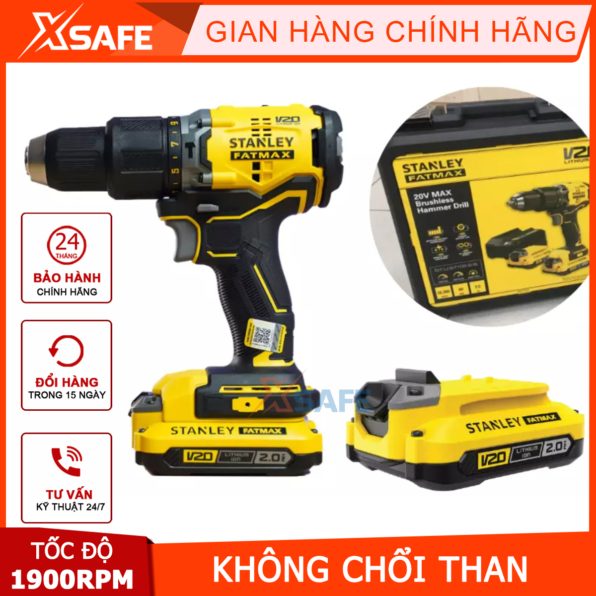 Máy khoan động lực không chổi than Stanley SBD715D2K-B1 dùng pin 20V tặng kèm 2 pin 1 sạc công nghệ mới của Stanley cực mạnh và gọn gàng