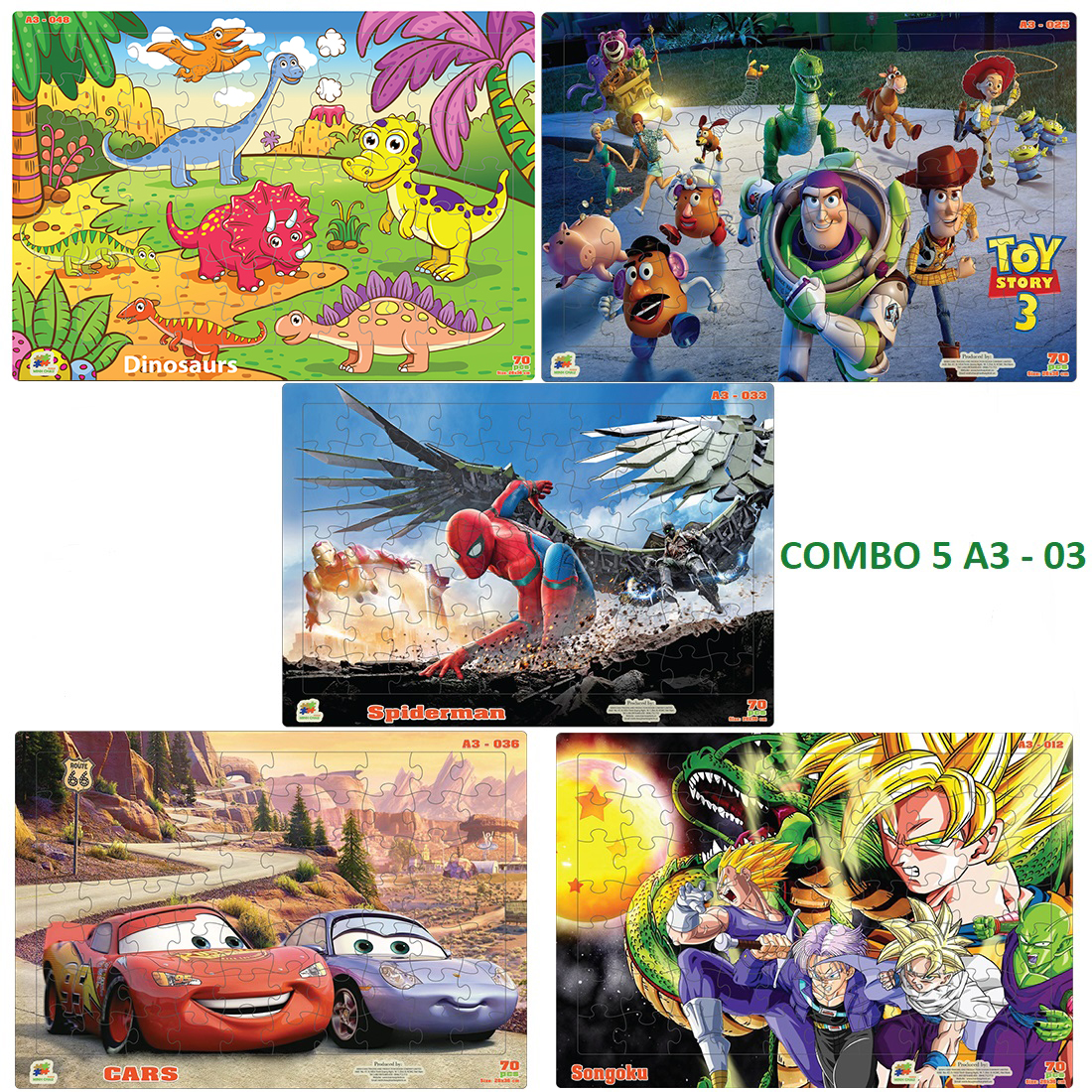 (COMBO A3-3) Combo 05 bộ tranh xếp hình 70 mảnh ghép khổ A3 – đồ chơi trí tuệ cho bé từ 3 tuổi – Chủ đề Hoạt hình