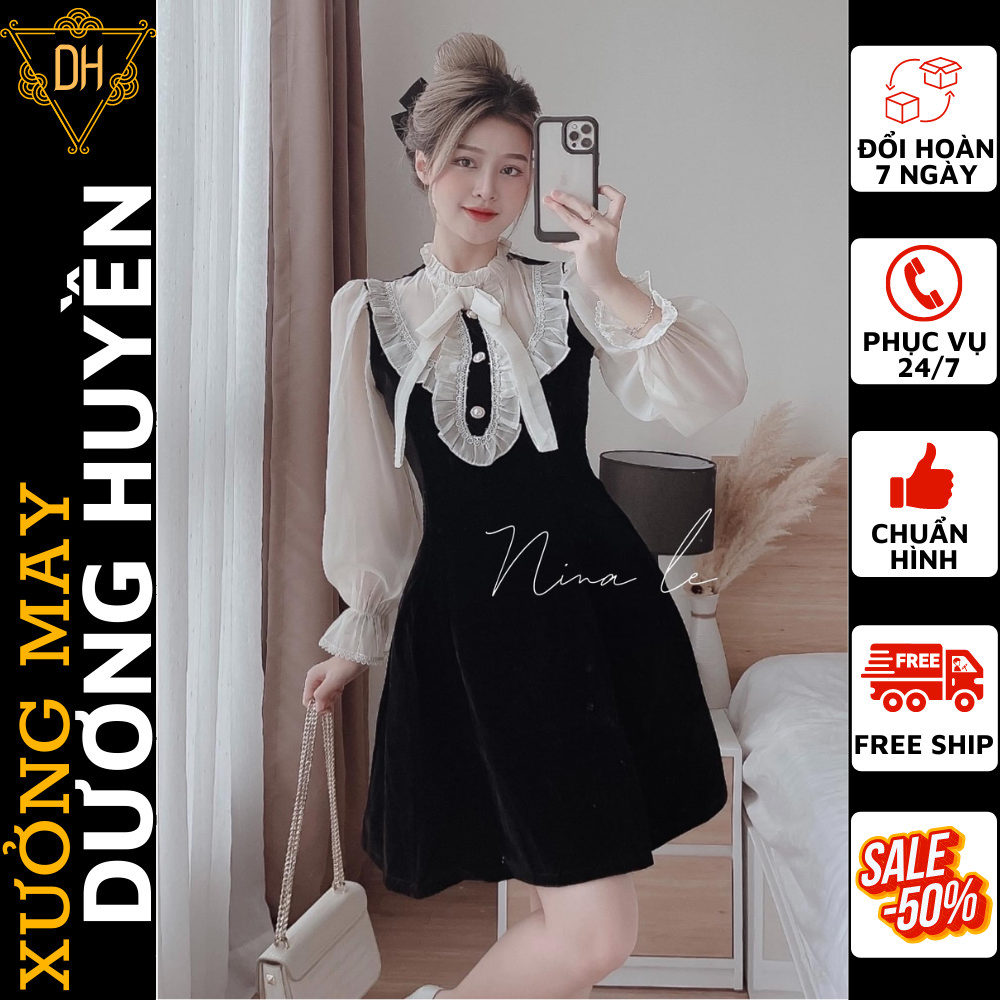 Đầm nhung tiểu thư - Váy Nhung Đen Cổ Nơ Ngực Viền Bèo Đính Khuy Ngọc Siêu Xinh , đầm nhung nữ sang trọng ,đầm nhung nữ sang trọng tay bồng, đầm nhung nữ đen , đầm nhung nữ dự tiệc , đầm nhung đen tiểu thư