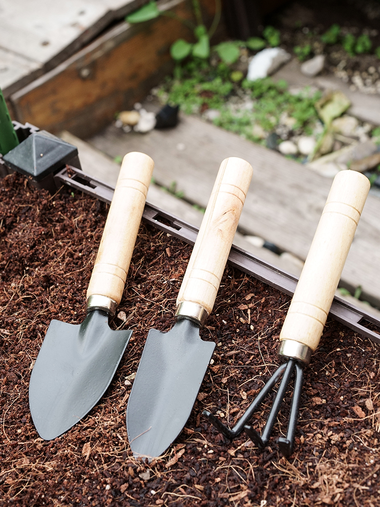 Dụng cụ trồng cây, D25cm, cán gỗ, lưỡi thép, gồm xẻng, cảo, chĩa, làm vườn, xới đất dễ dàng
