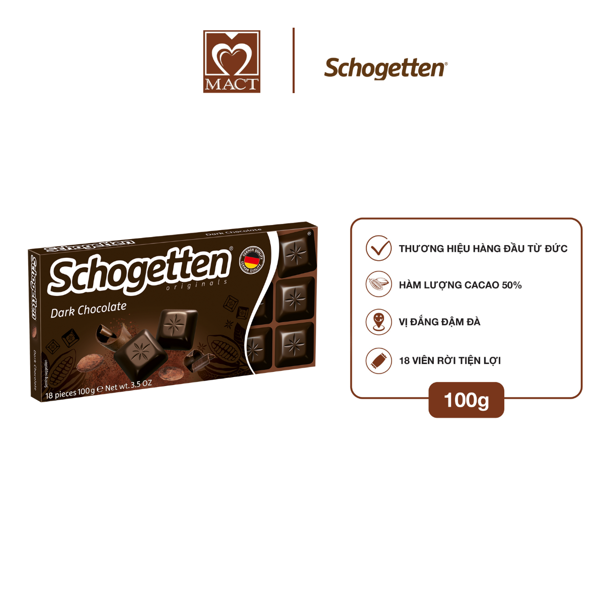  Sôcôla SCHOGETTEN - Vị Đắng Dark Chocolate - thanh 100g gồm 18 viên rời 
