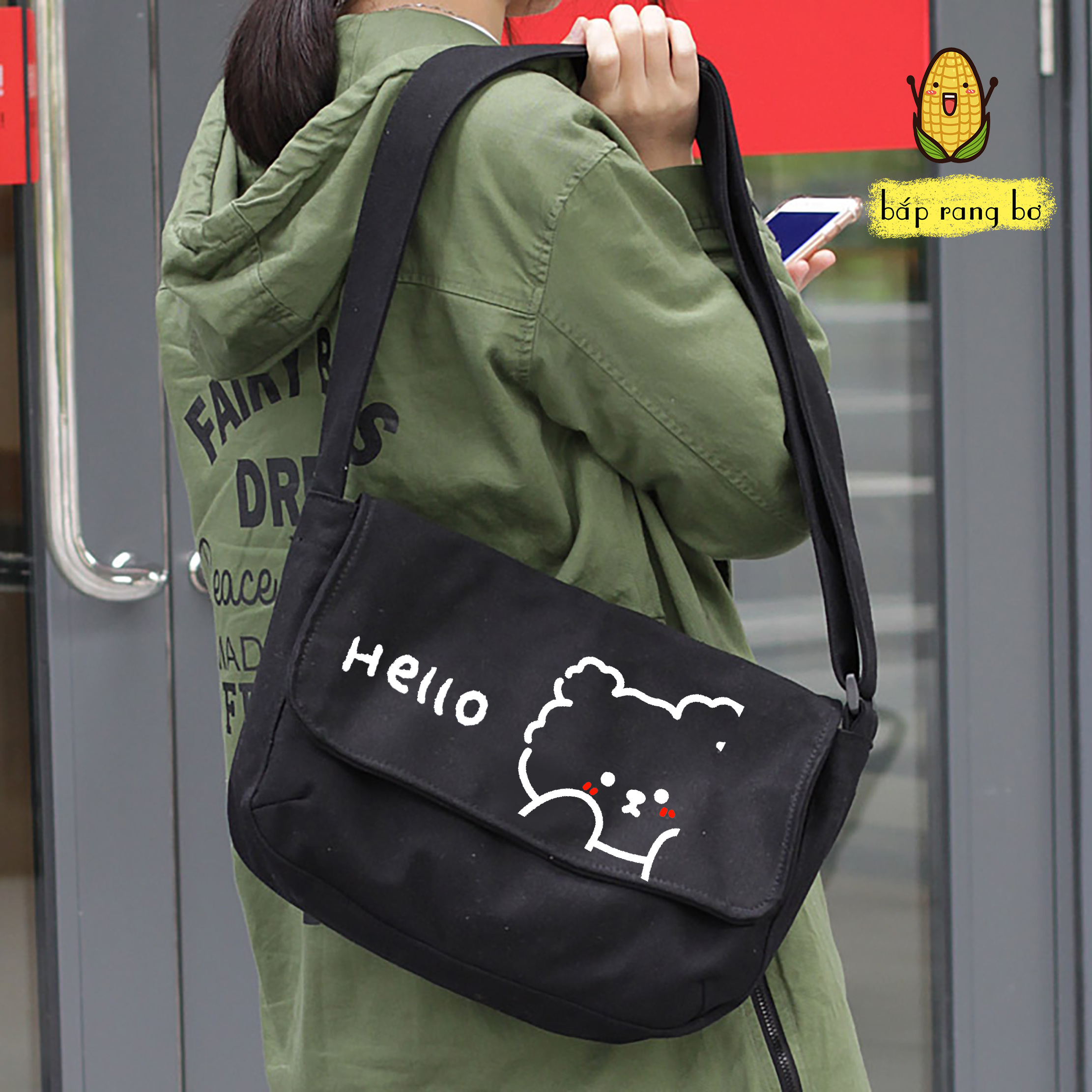 TÚI VẢI ĐEO CHÉO GẤU MỤP CUTE CÓ TÚI CON ĐỂ SÁCH A4 TOTE CANVAS ĐI HỌC ĐI CHƠI
