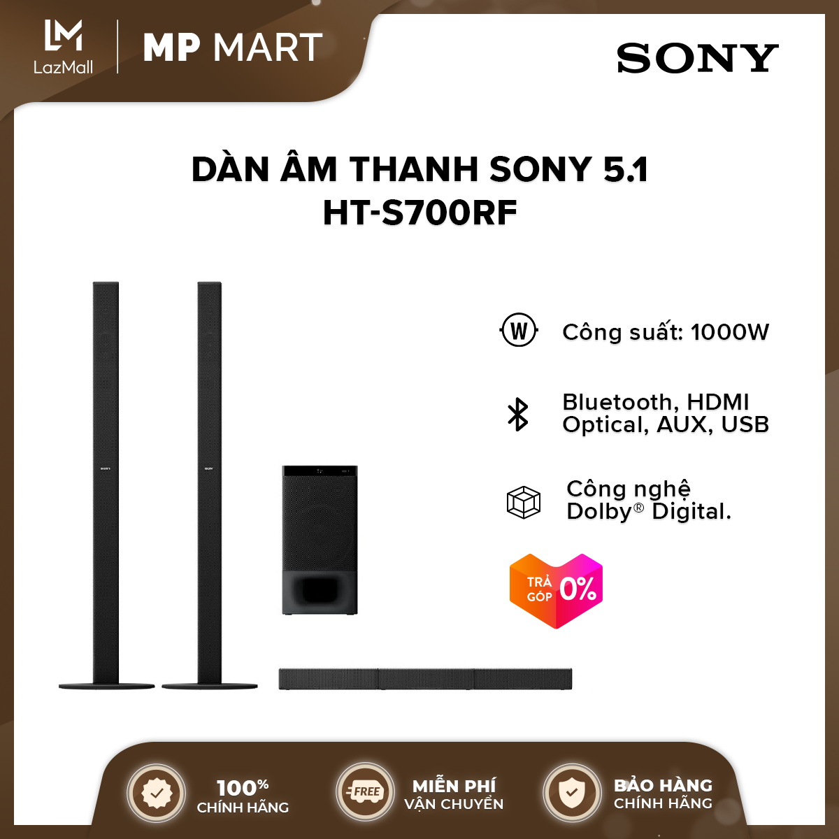 [Trả góp 0% -FREESHIP] Dàn âm thanh Sony 5.1  HT-S700RF  Kết nối Bluetooth  Công nghệ Dolby Digital