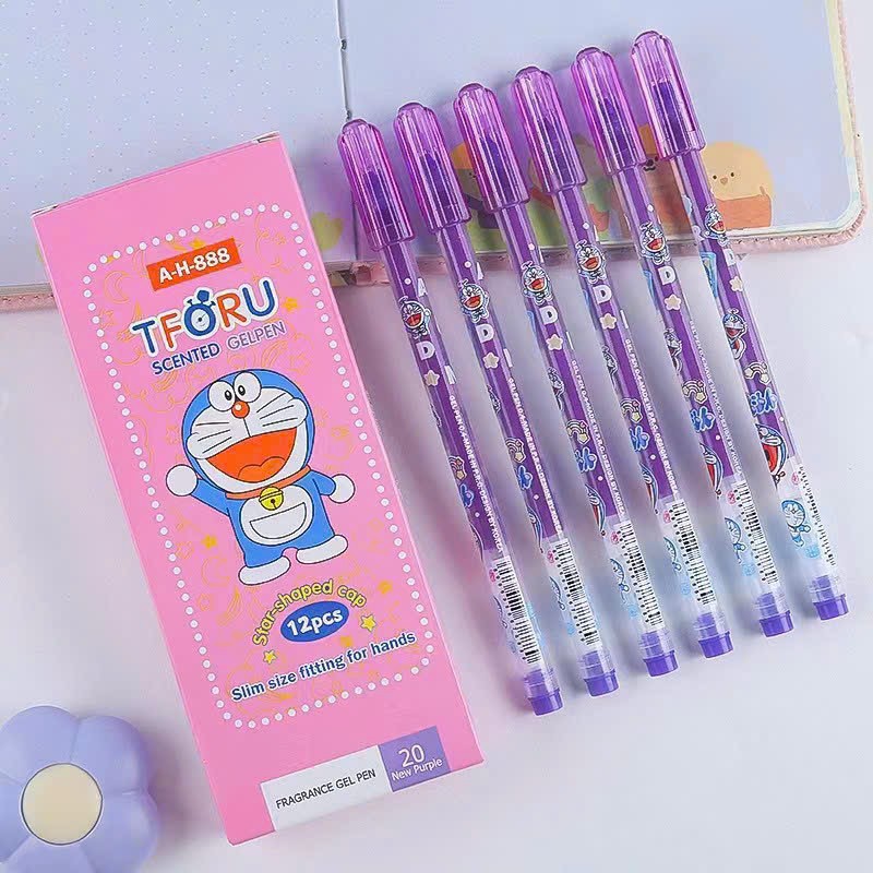 Hộp 12 Bút Tforu Doreamon thơm viết nho đủ màu xanh tím ngòi 0.38mm