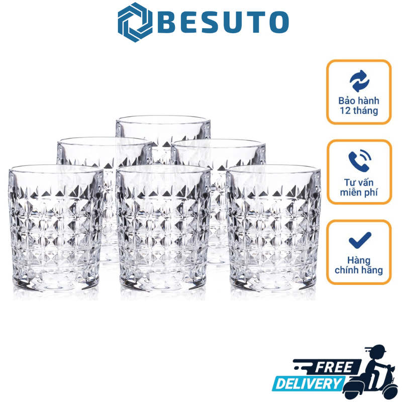 Set 6 cốc pha lê bohemia diamond, dung tích 230ml, bộ cốc thủy tinh trang trí bàn tiệc, nhập đức, hàng chính hãng